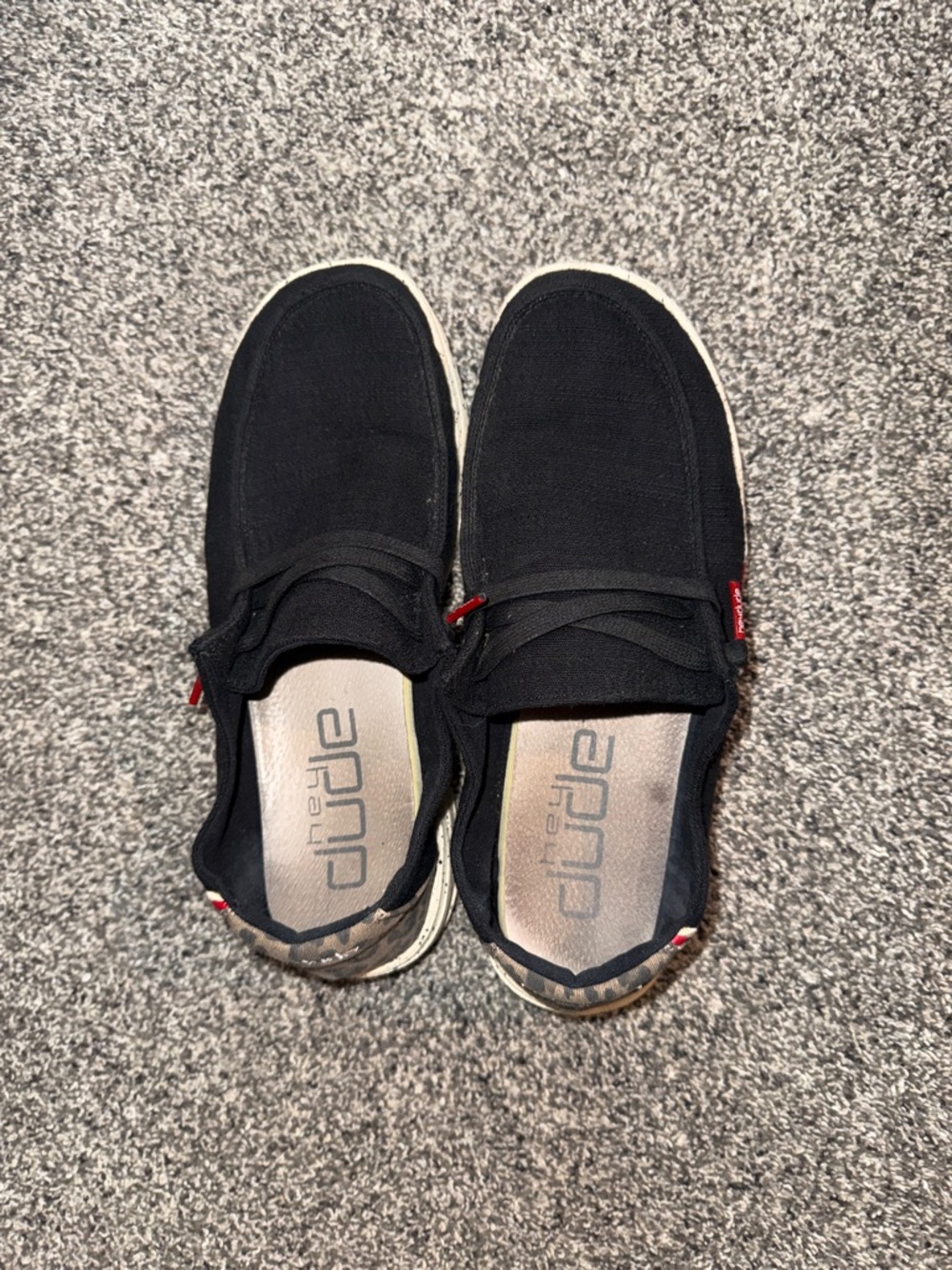 Hey Dude women’s Black Slip-On Loafers with Red and cheetah print Accents